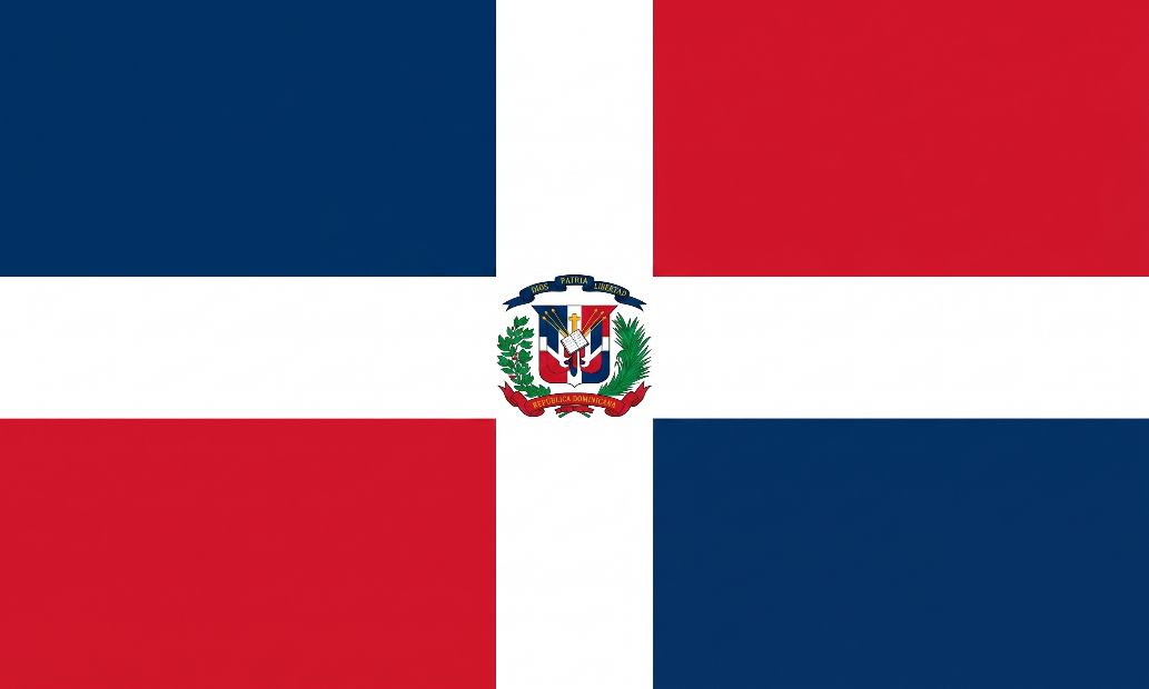 Flag of the Dominican Republic with a central coat of arms on a blue, white, and red background.
